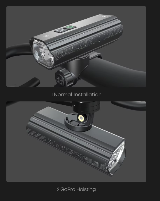 Kraftig cykellygte - 2000 lumens - Genopladeligt batteri - Smart montering på/under styret