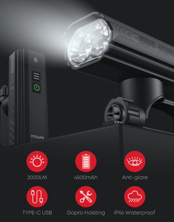 Kraftig cykellygte - 2000 lumens - Genopladeligt batteri - Smart montering på/under styret